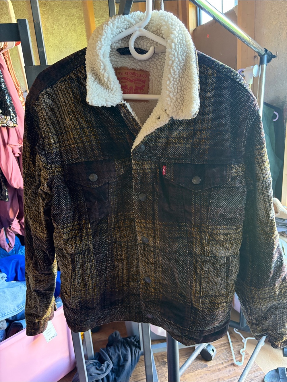 LEVIS Corduroy Sherpa Trucker Jacket Textured Plaid Tinsel Brown Men Medium Vtg